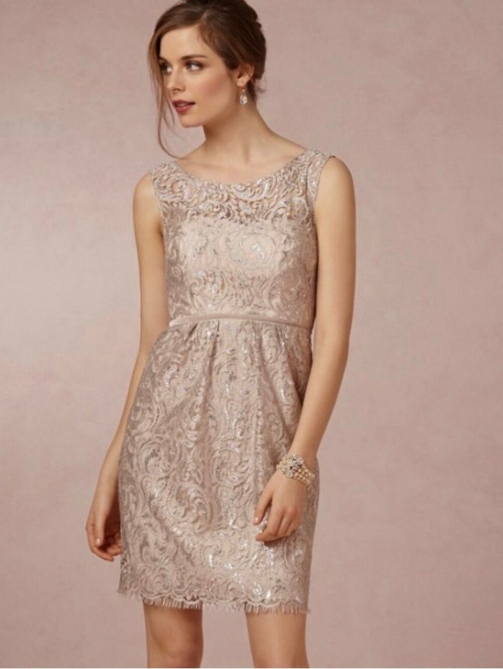 Jenny Yoo Harlow Metallic Bridesmaid Cocktail Lace Short Dress Size 10 Sandstone - Picture 10 of 10